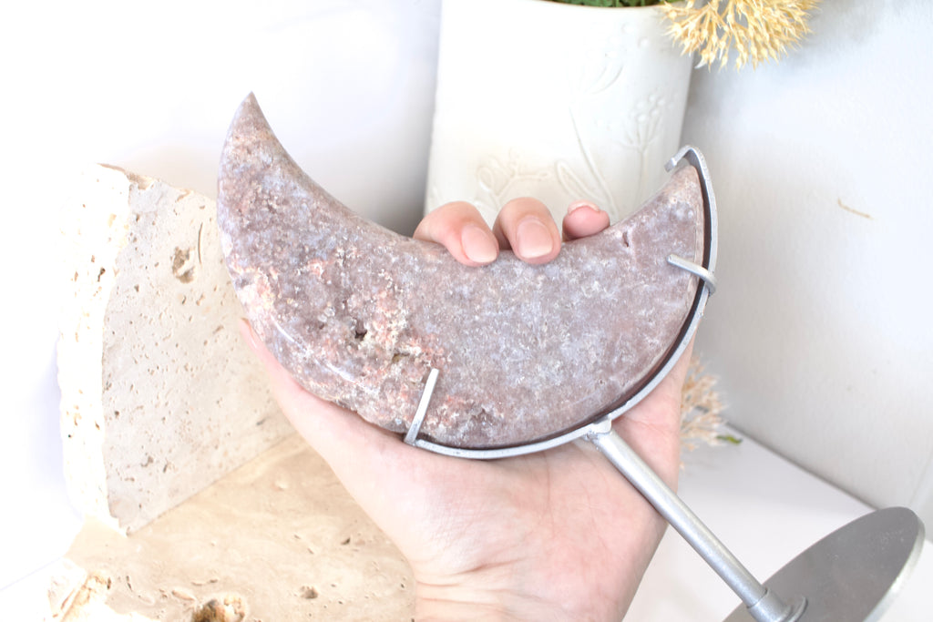 Shimmery Pink + Purple Amethyst Moon on Stand 21.5 cm