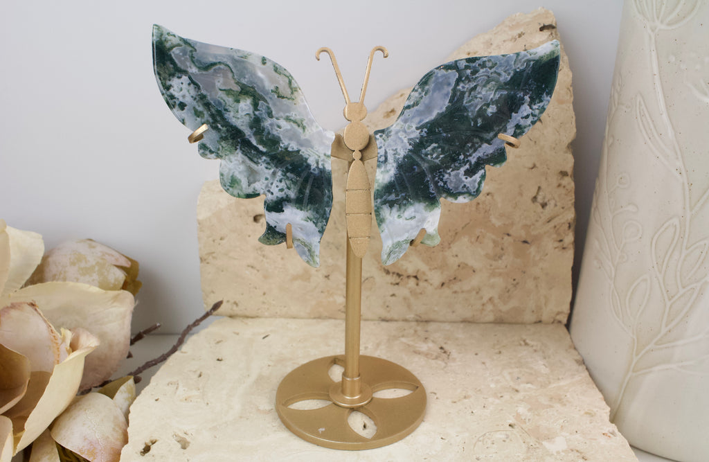 Moss Agate Wings on Stand 15cm