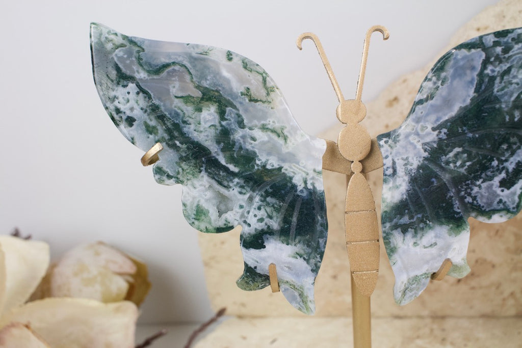 Moss Agate Wings on Stand 15cm