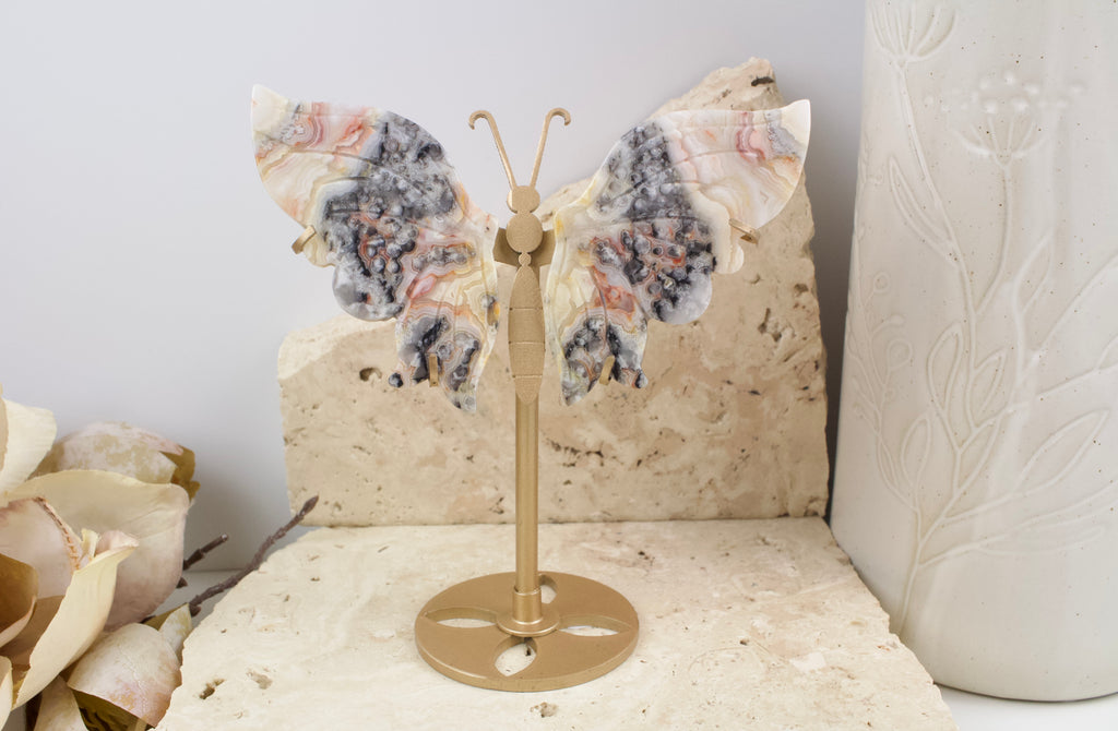 Crazy Lace Agate Wings on Stand 14cm