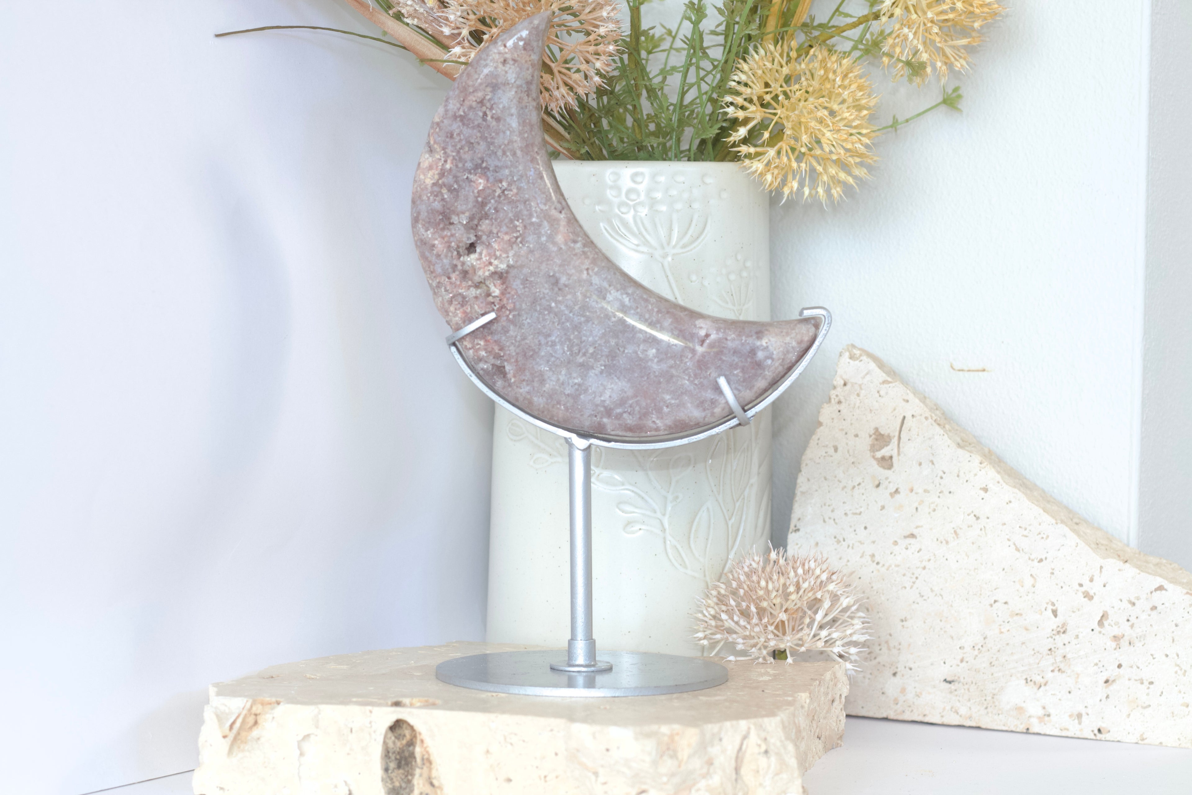 Shimmery Pink + Purple Amethyst Moon on Stand 21.5 cm