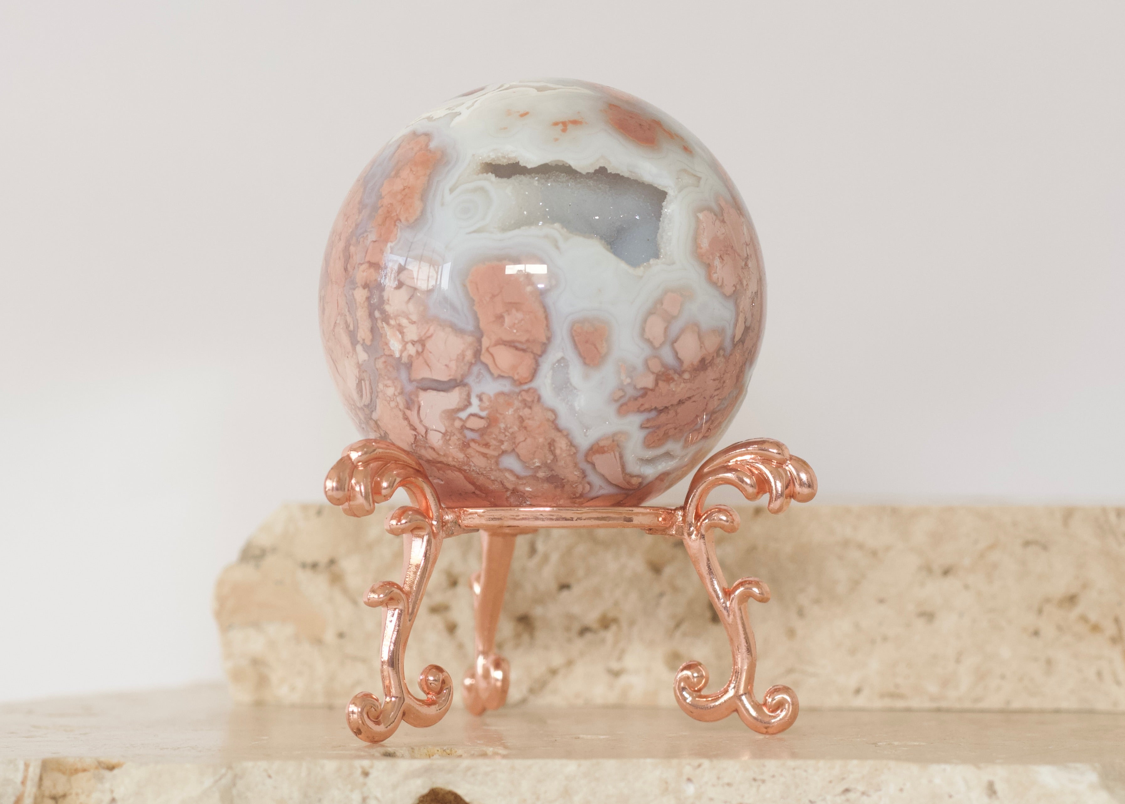 Pink Agate Sphere with White Drusy 6cm