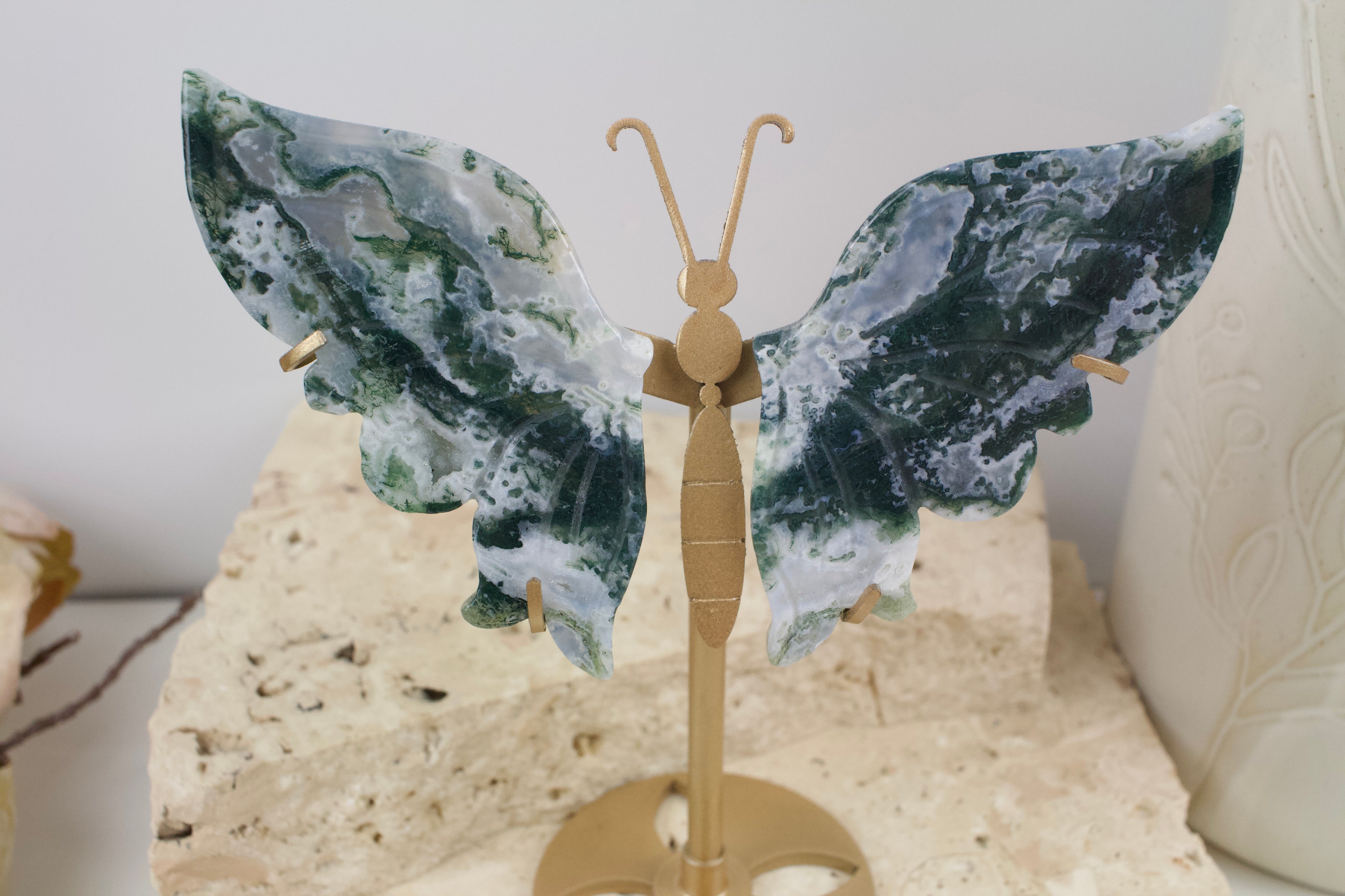 Moss Agate Wings on Stand 15cm