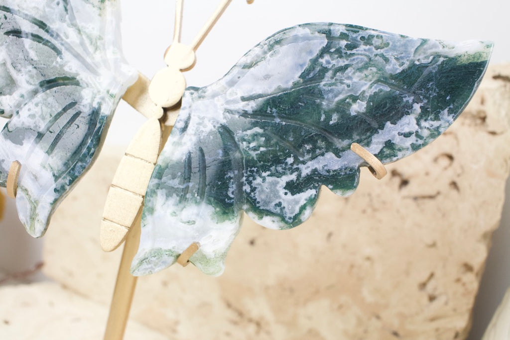 Moss Agate Wings on Stand 15cm