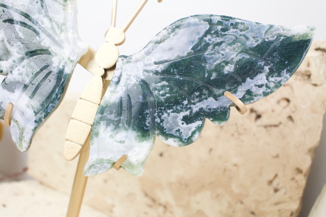 Moss Agate Wings on Stand 15cm