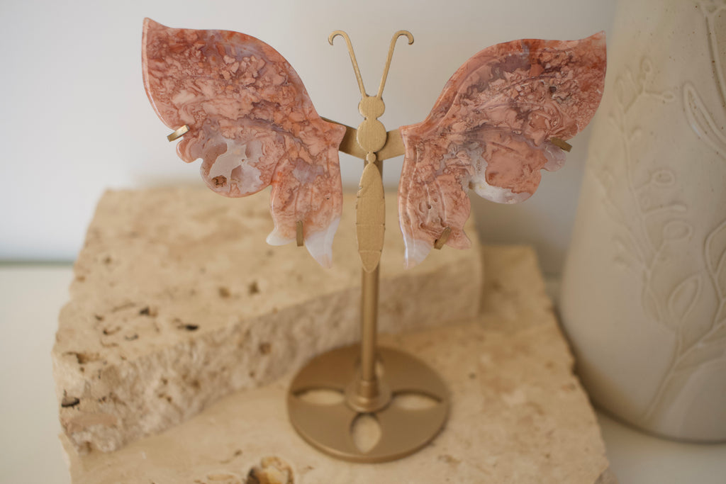 Pink Agate Wings on Stand