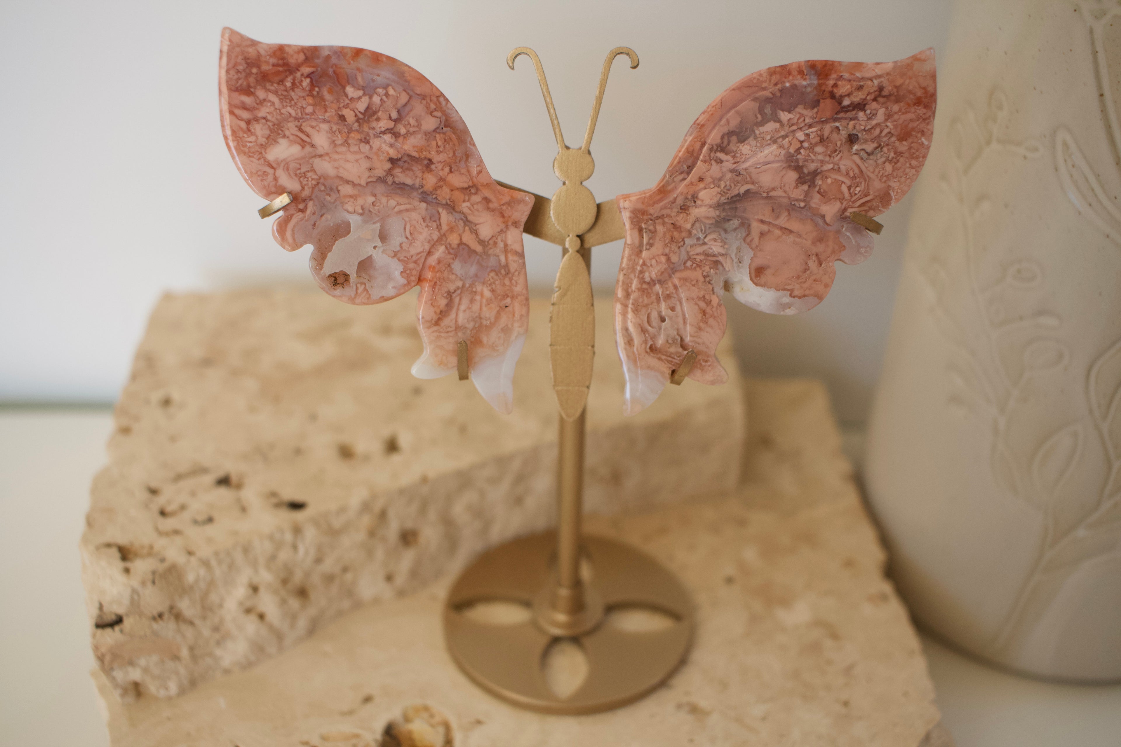 Pink Agate Wings on Stand