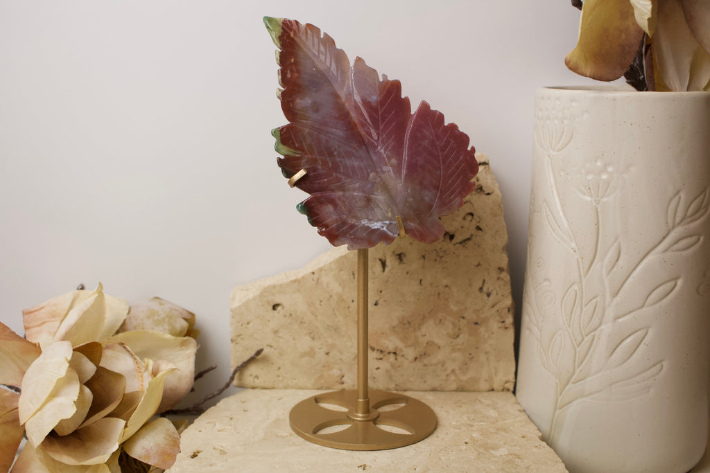 Ocean Jasper Leaf on Gold Stand