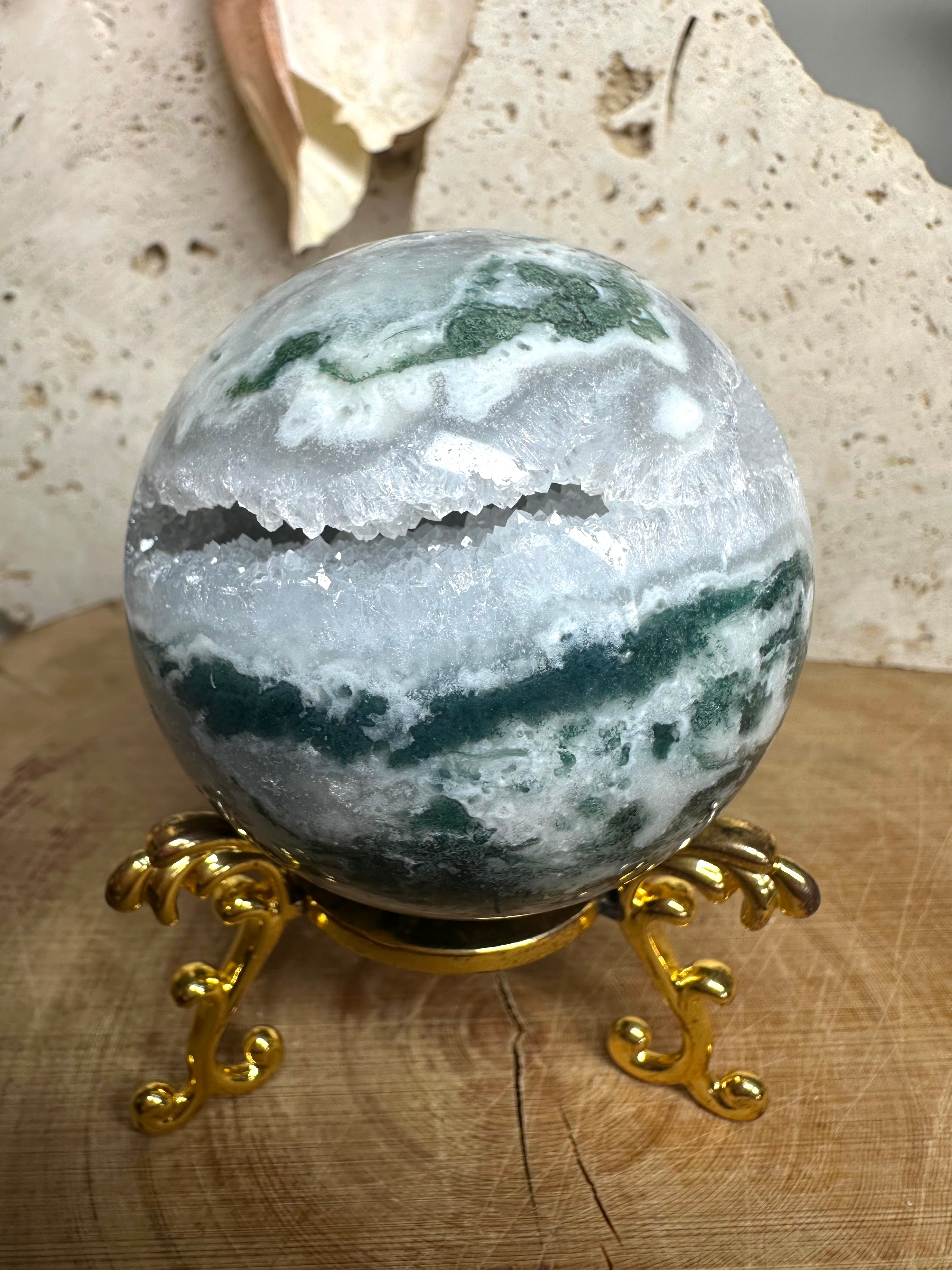 Moss Sphere with Drusy Quartz